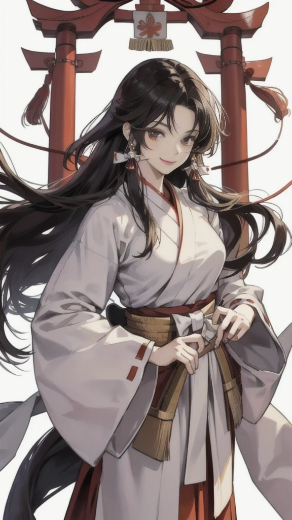 The image shows an illustrated character, likely from an anime or manga. The character has long dark hair and is wearing a traditional shrine maiden (miko) outfit, consisting of a white top (haori) with red accents and a red skirt (hakama). The character is holding what appears to be a bow without the string, and there are white ribbon-like effects surrounding the character, suggesting movement or a magical element. The face of the character has been pixelated to obscure it. The character has no accessories. Please create the new illustration in a soft, pencil-drawn style based on this description. With a smile on your face