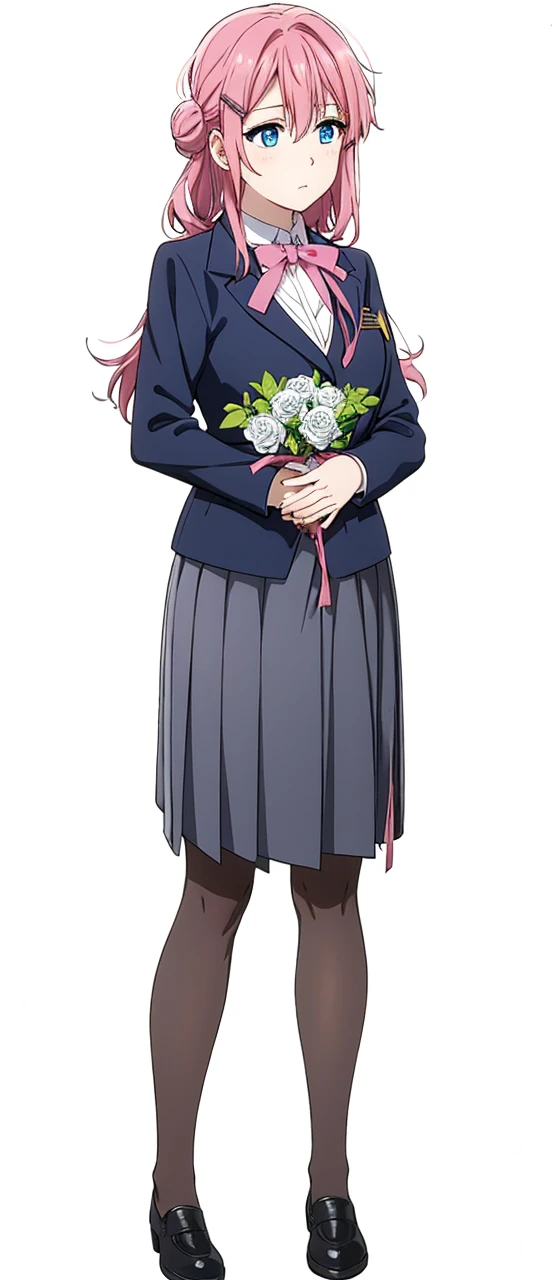 Pink hair, blue eyes, tight black secretary skirt, black blazer, white formal blouse, and a bouquet of roses.