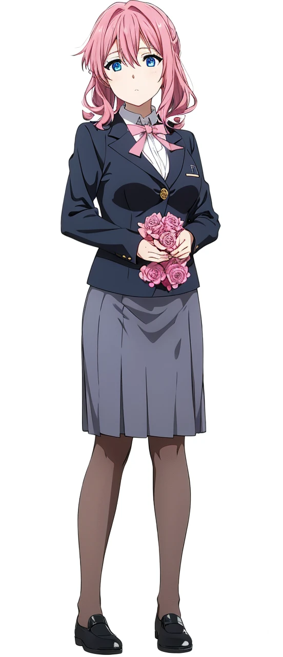 Pink hair, blue eyes, tight black secretary skirt, black blazer, white formal blouse, and a bouquet of roses.