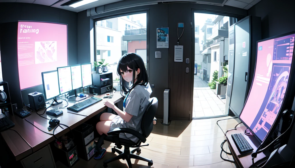 Girl doing live in front of the gaming PC sitting down She has her feet on the PC table Pay more attention to the scenery And leave it in a fisheye lens No windows in the scenery