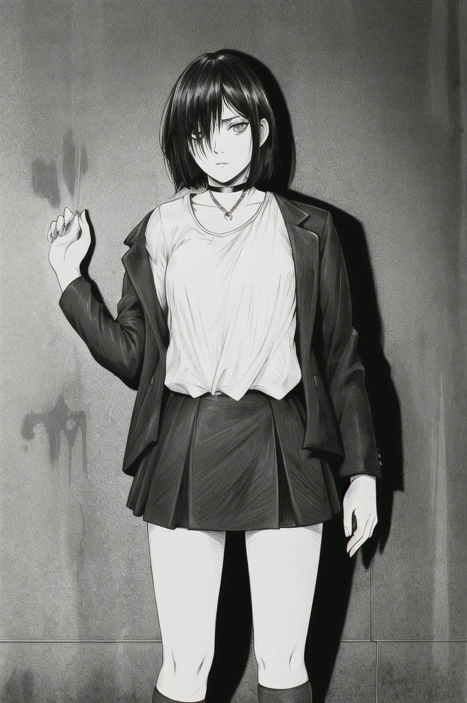 Highest quality, Intricate details, Line art, Monochrome,
One girl, Long Hair, Black Hair, Short bob hair, Hair on one eye, Sharp eyes,
choker, shirt, Torn legwear, Open jacket,
Against the wall, Brick wall, graffiti, Dim lighting, alley