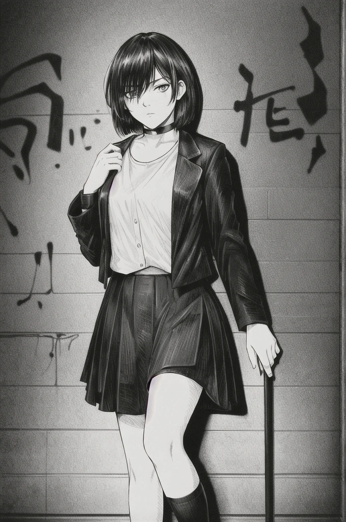 Highest quality, Intricate details, Line art, Monochrome,

One girl, Long Hair, Black Hair, Short bob hair, Hair on one eye, Sharp eyes, 

choker, shirt, Torn legwear, Open jacket, 

Against the wall, Brick wall, graffiti, Dim lighting, alley

