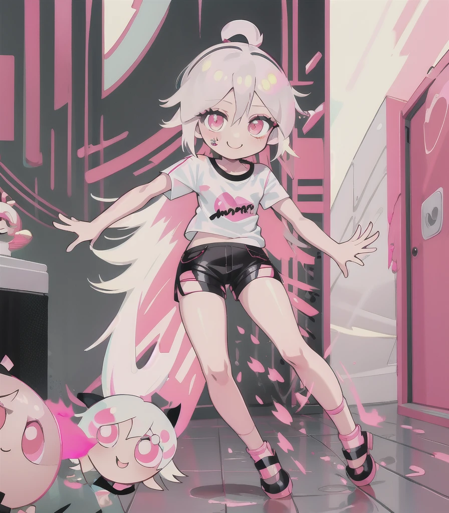 smile,chibi, full body, 1girl, white hair, red pink eyes, black short sleeve shirt, black shorts,