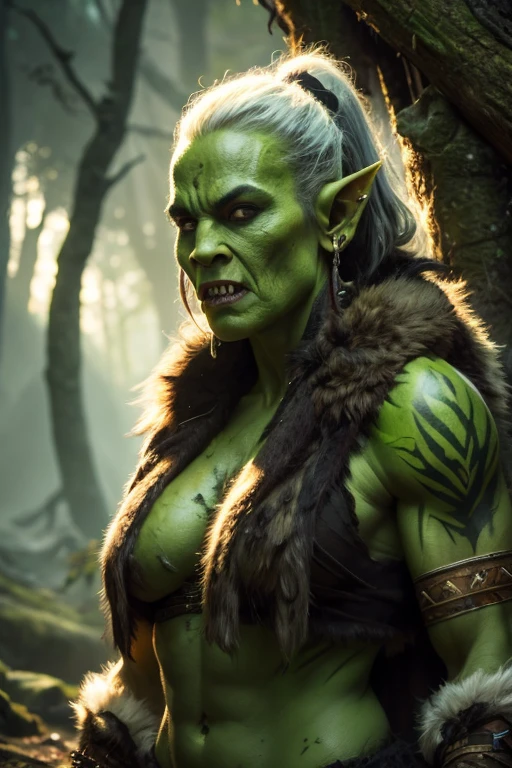 Young orc woman (big fangs), female orc, (green skin) , fearsome, dirty clothes and hair, wool and fur clothes, wearing old torn dress, bone jewelry, forest background, natural lighting, tribal tattoos, muscular, highly detailed, 4k, photorealistic, dramatic lighting, cinematic, fantasy art, ultra high quality, sharp Focus, orczor