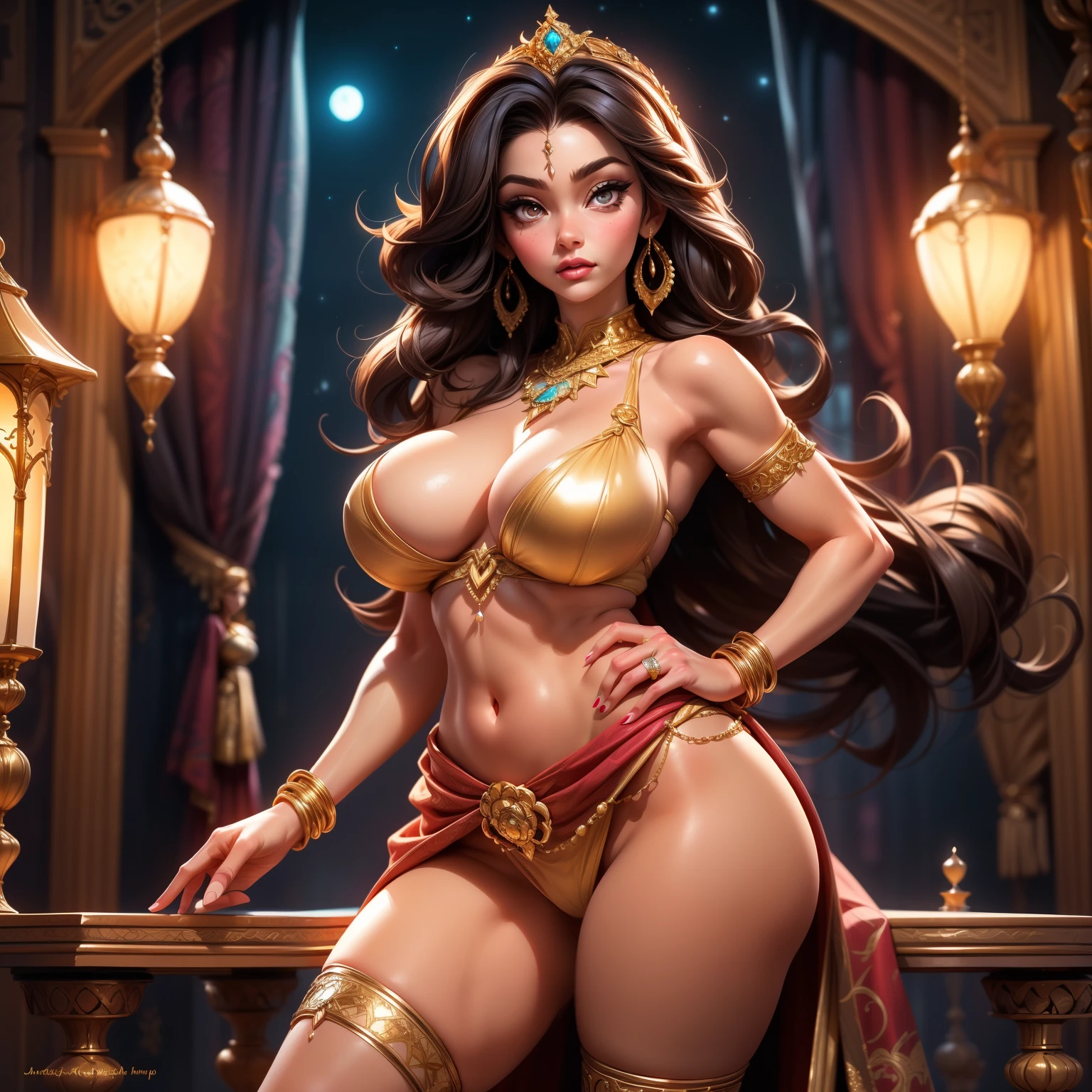 (jasmine to disney) Disney stylized,,(golden ratio) deep of filt,, Arabian girl voluptuous muscular, saggy enormous breast, belly dancer clothes,tribal belly dancer, arabic makeup, arabic eyes, (jasminewaifu) exposed , exposed breasts, visibles , tooless, dinamic escen, dancing, dancee, slluty gypsy attire, ,glitters, shiny, belly chain, anklet, dress, wind, in (((gypsy  night))) (best quality) detailed masterpiece, HDR, cinematic professional art, ((nsfw)), perfect , huge cleavage, (transparently clothes), hourglass amazonic thicc body, thicc thighs, shaped legs, slim waist, huge hips, big , large blaack olive hair, Disney princess look, Jasmine princess  hair style, sllutt Disney princess, amazing beautiful details, fantasy realistic,