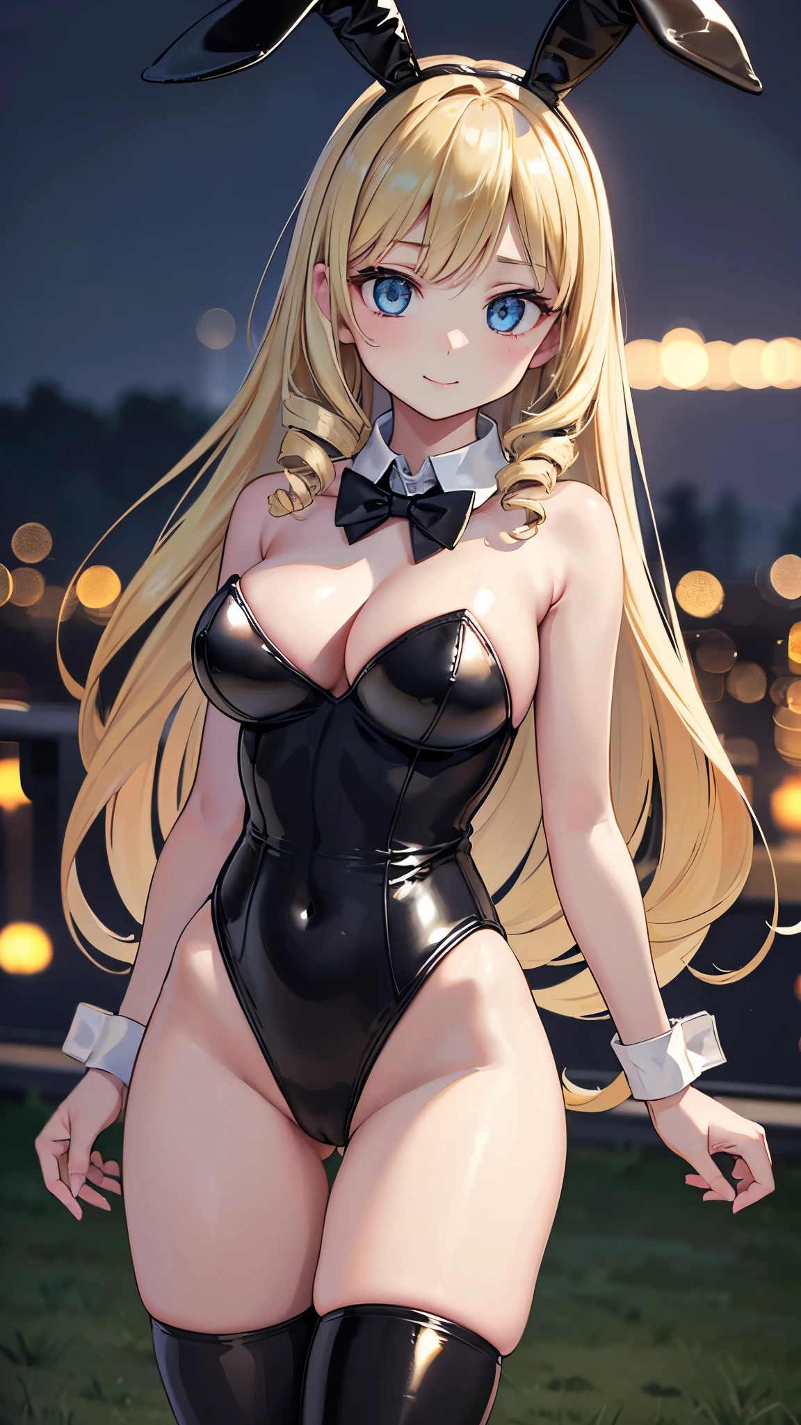 (masterpiece:1.3, Highest quality, Ultra-high resolution, Very detailed), (Realistic:1.1, photoRealistic:1.4), Beautiful illustrations, Perfect lighting,Written boundary depth, Beautiful detailsまでこだわった髪, Beautifully detailed face, Beautiful details, Beautiful clavicle, Beautiful body, Beautiful and juicy breasts, Beautiful thighs, Beautiful feet, View your viewers, 1 Girl,Perfect Face, (Perfect Anatomy, Anatomically correct), Cute and symmetrical face、Baby Face、((Shiny long hair)),(Beautiful views),(Outdoor, Blurred night cityscape),(かわいいsmile, smile)、Sexy Body、(masterpiece),(Highest quality:1.3),8K,Very clear,(Ultra-realistic), One Girl,Wide Shot,((Large Breasts)),Wide Hips,Beautiful feet, Captivating woman,Sexy Girl(masterpiece、Highest quality、Very detailedな)、((One Girl))、((Blonde))、((Twin Drill))、((Bright Blue Eyes))、((非常にLarge Breasts))、((Black high leg bunny girl))、(((Black high leg patent leather leotard, Collar with bow tie,cuffs)))、Cowboy Shot、((Black High Leg Playboy))