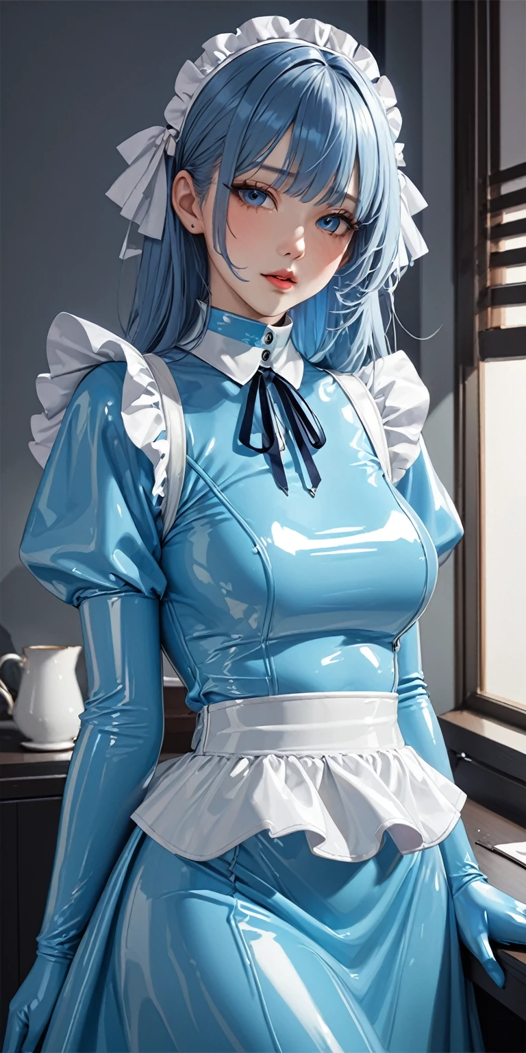Portraiture、(masterpiece,Highest quality,Ultra-high resolution),Japanese women, (((Very beautiful 25 year old girl))),(Pale blue latex maid outfit)、(Pale blue latex long skirt)、(A long-sleeved latex shirt that covers the upper body)、Light blue latex gloves、Light blue latex socks、Pale blue latex bodysuit、Frills、The clothes fit snugly to the body、Latex is very shiny、Dark Room、
