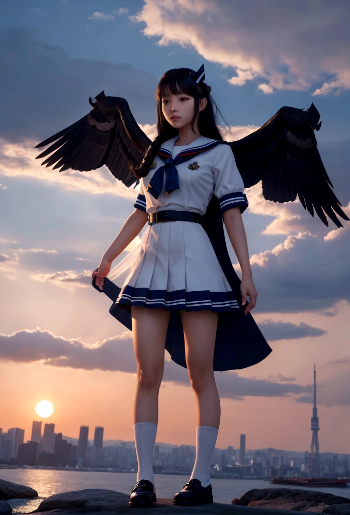 Ultra-realistic full-body beautiful woman, masterpiece. Beautiful cinematic, realistic character. Ultra-detailed and intricate 3D rendering, vibrant details. Radio tower, a Japanese girl in a sailor uniform standing on top, long black hair flowing in the wind, full body. A large three-legged crow with a 3m wingspan flying behind her. Tokyo night skyline, strong dazzling lights.