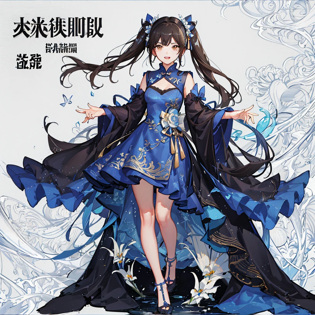 NICE,unparalleled beautiful girl,tteens detailed cute shot, pretty cool and beautiful cute face,super detailed NICE cute face, nice body, beautiful teeth, girl,whole body,(Detailed face:1.2), masterpiece, fashion,China dress,, Medium Hair, Black Hair, Twin tails, Blunt bangs, Brown eyes,
