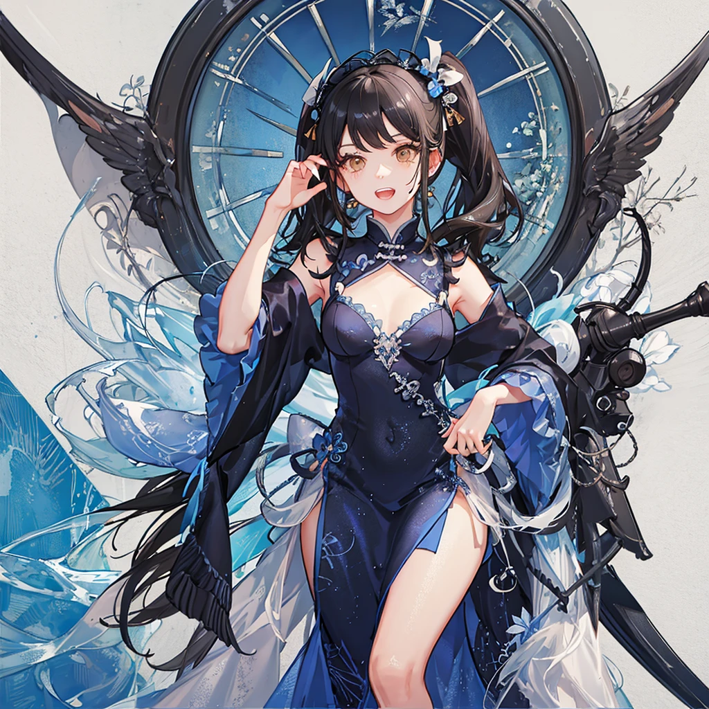 NICE,unparalleled beautiful girl,tteens detailed cute shot, pretty cool and beautiful cute face,super detailed NICE cute face, nice body, beautiful teeth, girl,whole body,(Detailed face:1.2), masterpiece, fashion,China dress,, Medium Hair, Black Hair, Twin tails, Blunt bangs, Brown eyes,