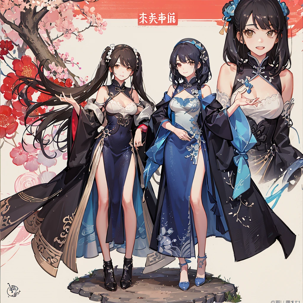 CharacterDesignSheet（With a positive character，Lateral face，on  back），illustration，teens girl，Simple background white background，Azure clothes，largeeyes，二重まぶた，blushing slightly，By bangs，long whitr hair，white color hair，Traditional Chinese women's clothing，Small breasts，hairstyle fax，Shy eyes，Light purple pupils，full bodyesbian，Postural posture，Long legs，whitelegwear，White-colored skin，Slim figure，femminine