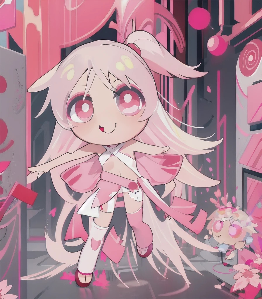 smile, ((chibi)), full body, 1girl, white hair, red pink eyes,