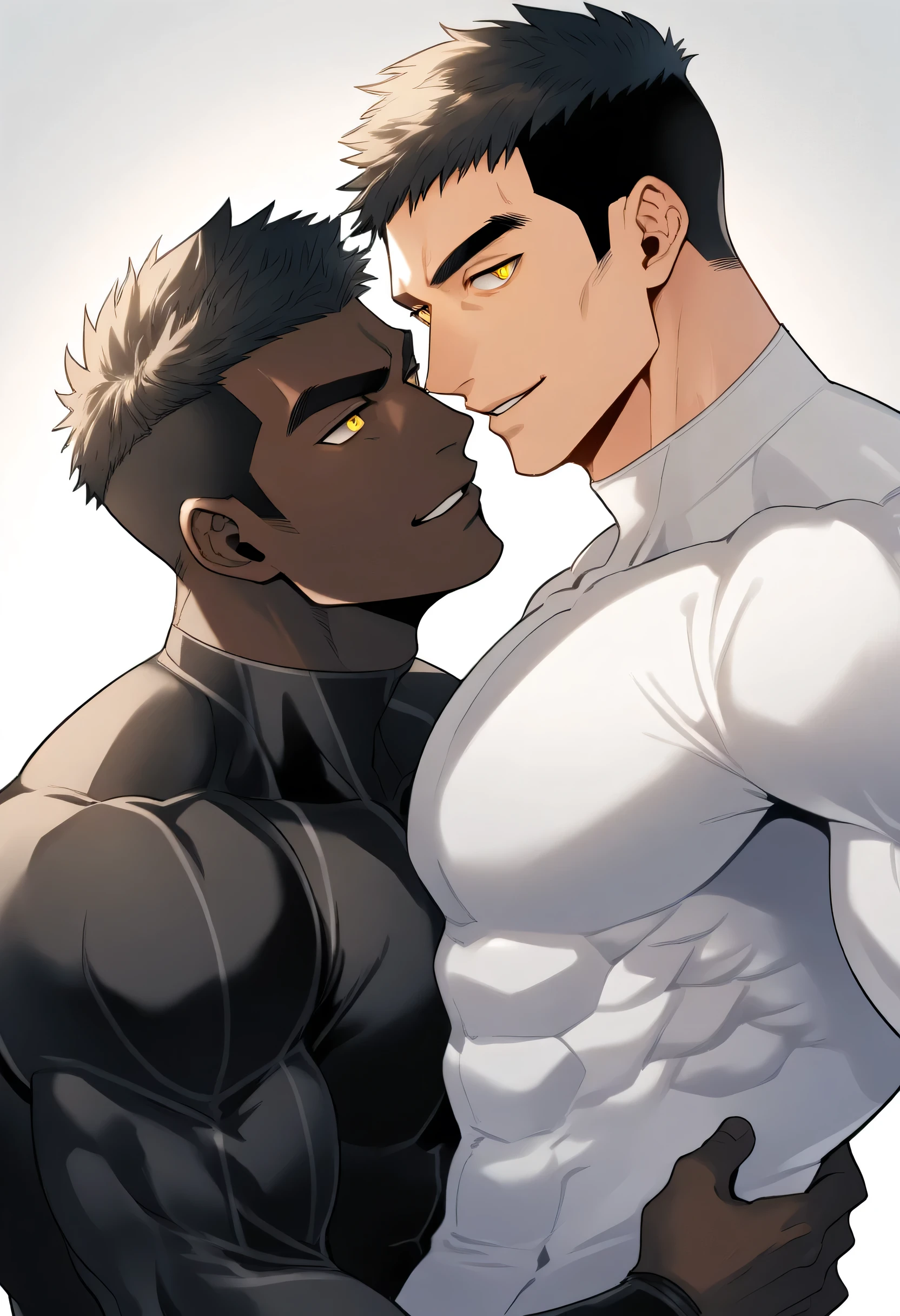 anime characters:Two superheroes in tights, Muscle superhero, negro black skin, They hugged and kissed each other, Bite your neck, Caress, Manliness, male focus, Yellow and black high collar long sleeve tight T-shirt, Slightly transparent material, Very tight, Round, full and perky chest muscles, Muscle waist, Slightly transparent, muscular male, muscular, only, Upper body, alone, Black short hair, Thick eyebrows, stubble, Yellow eyes, Grey background, simple background, amazing quality, best aesthetics, Ridiculous, bright pupils, crew cut, parted lips, seductive smile, torogao, naughty face, drop shadow, best quality