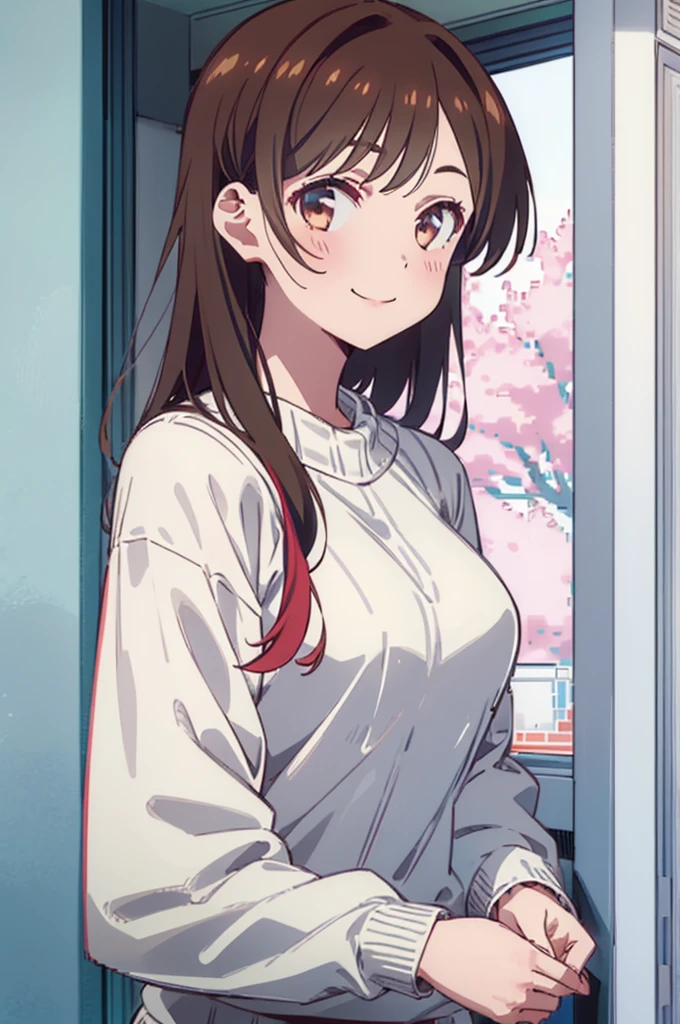 (((pixel-perfect, detail-perfect))), solo, 1girl, chizuru ichinose, sweater, looking at viewer, smile, upper body