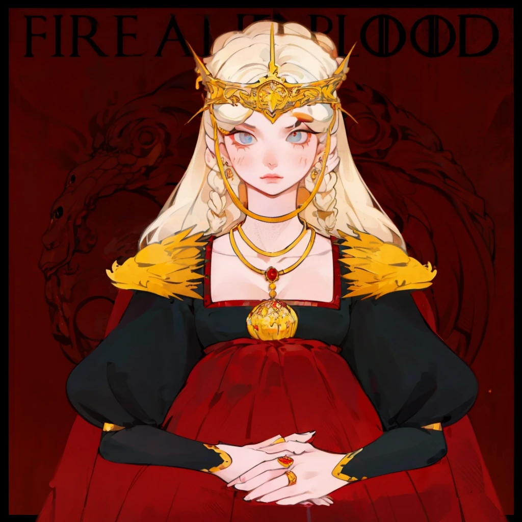 Girl with white wavy hair,side braids,beautiful necklace, Targaryen women hairstyle,beautiful gold tiara, red and black dress