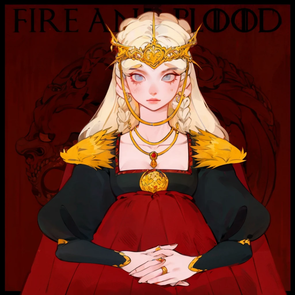 Girl with white wavy hair,side braids,beautiful necklace, Targaryen women hairstyle,beautiful gold tiara, red and black dress