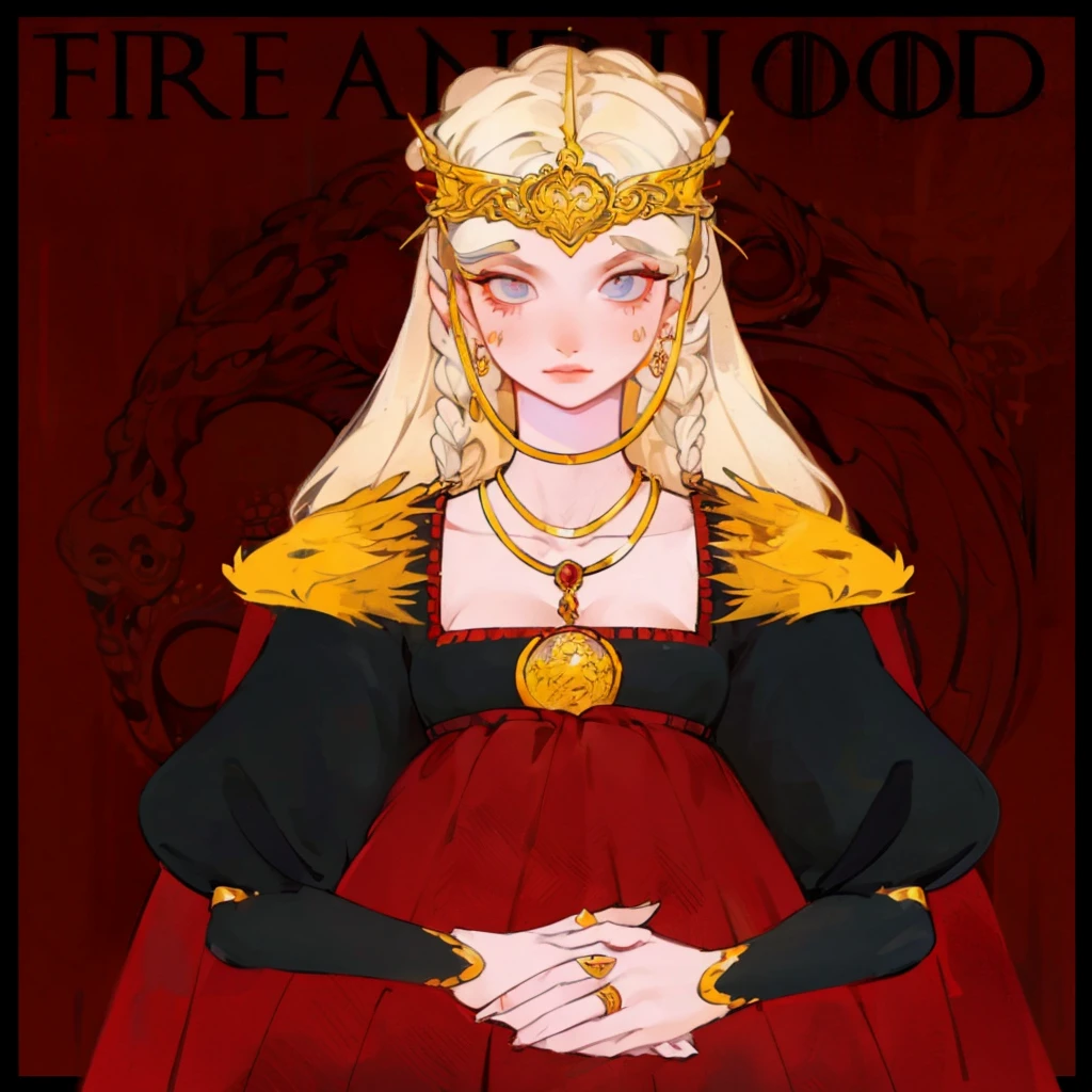 Girl with white wavy hair,side braids,beautiful necklace, Targaryen women hairstyle,beautiful gold tiara, red and black dress