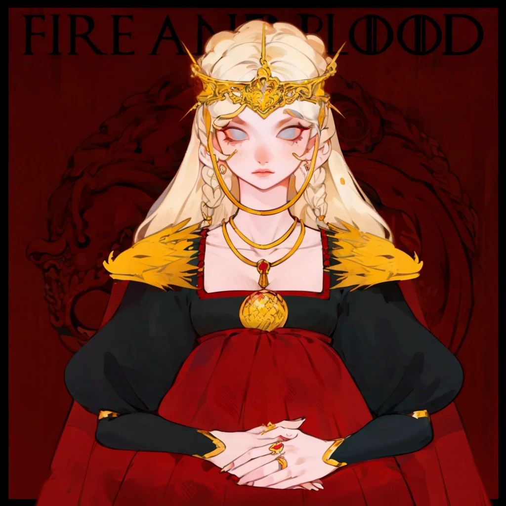 Girl with white wavy hair,side braids,beautiful necklace, Targaryen women hairstyle,beautiful gold tiara, red and black dress