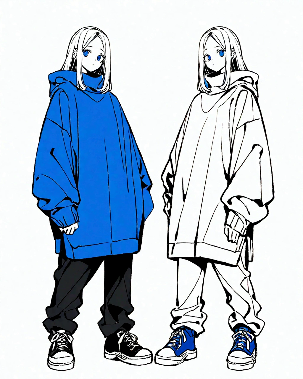 Create an illustration of two characters standing side by side, similar to the given image, but with a blue and white color scheme. The characters should wear oversized clothes, with one character wearing a blue sweater and black pants, and the other wearing blue overalls with a white turtleneck. Both should have black shoes, and the background should be a solid white color."