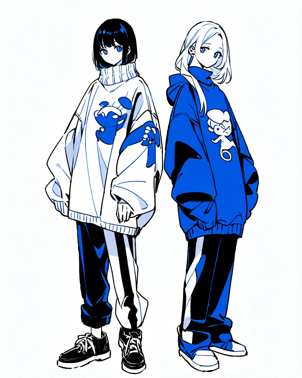 Create an illustration of two characters standing side by side, similar to the given image, but with a blue and white color scheme. The characters should wear oversized clothes, with one character wearing a blue sweater and black pants, and the other wearing blue overalls with a white turtleneck. Both should have black shoes, and the background should be a solid white color."