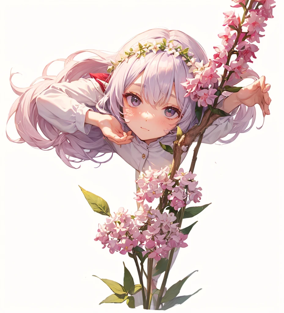 (Cute flower monster:1.5), (Cestrum nocturnum in her head:1.2), big eyes, full black eyes, cleric outfit