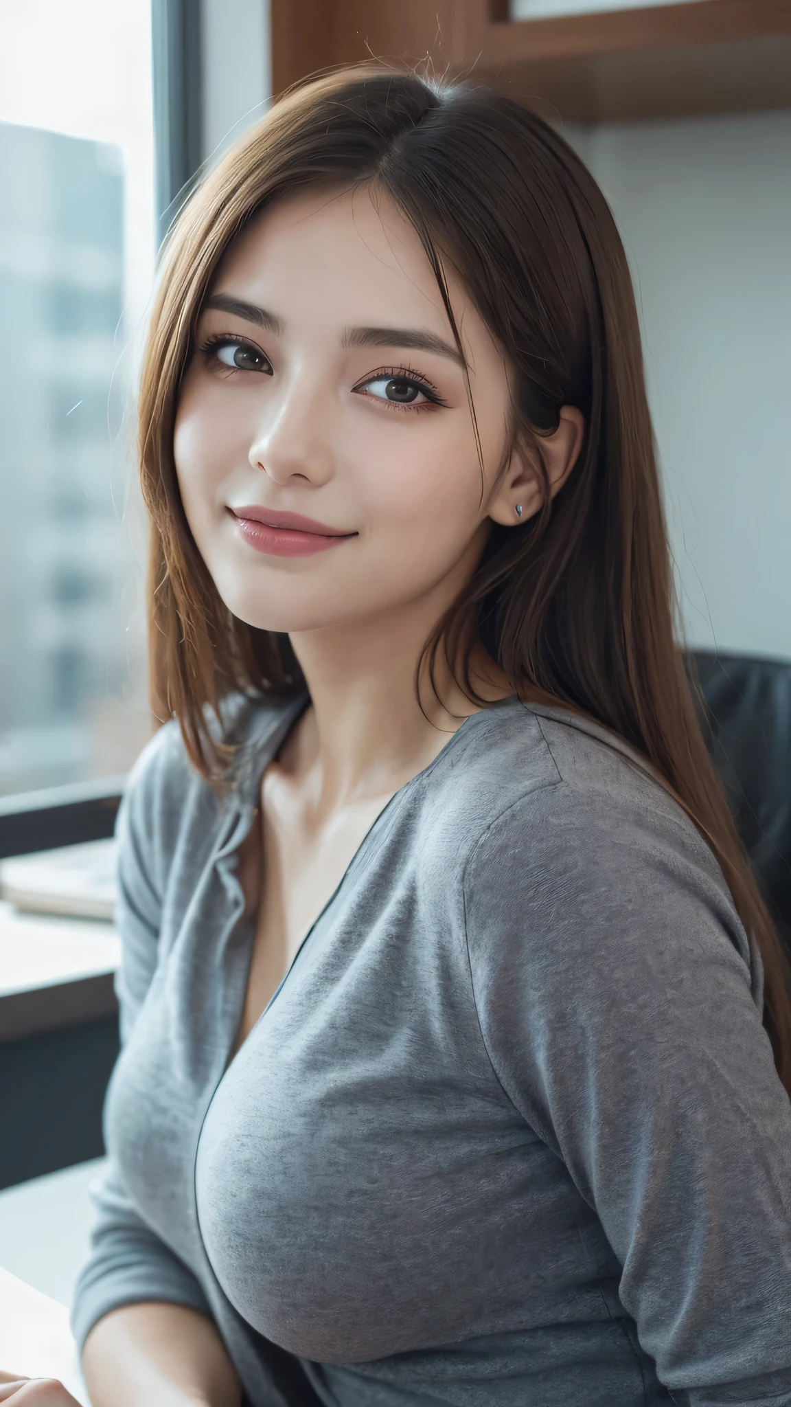 (1girl), (round eyes:1.2), (highly detailed face and eyes), smile, Amazing face and eyes, (shirt:1.3), cleavage, (Best Quality:1.4), (Ultra-detailed), (extremely detailed CG unified 8k wallpaper), Highly detailed, High-definition raw color photos, Professional Photography, Realistic portrait, Amazing face and eyes, indoors, office, (office lady, casual:1.3), (A moment of relaxation), model, depth of fields, (fine face:1.2),
