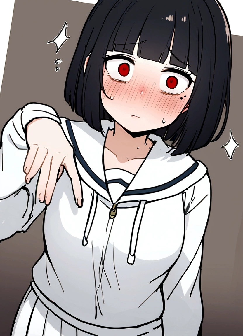 strong、One Girl、Face Up、Tsundere、high school girl、アニメ、hoodie、Black Hair、Blunt bangs、Drunk Eyes、white Sailor suit、Red eyes、Bobcut、two-tone hair、 High resolution, 1 Girl, Korean, Small mole under eye,Drooping eyes、