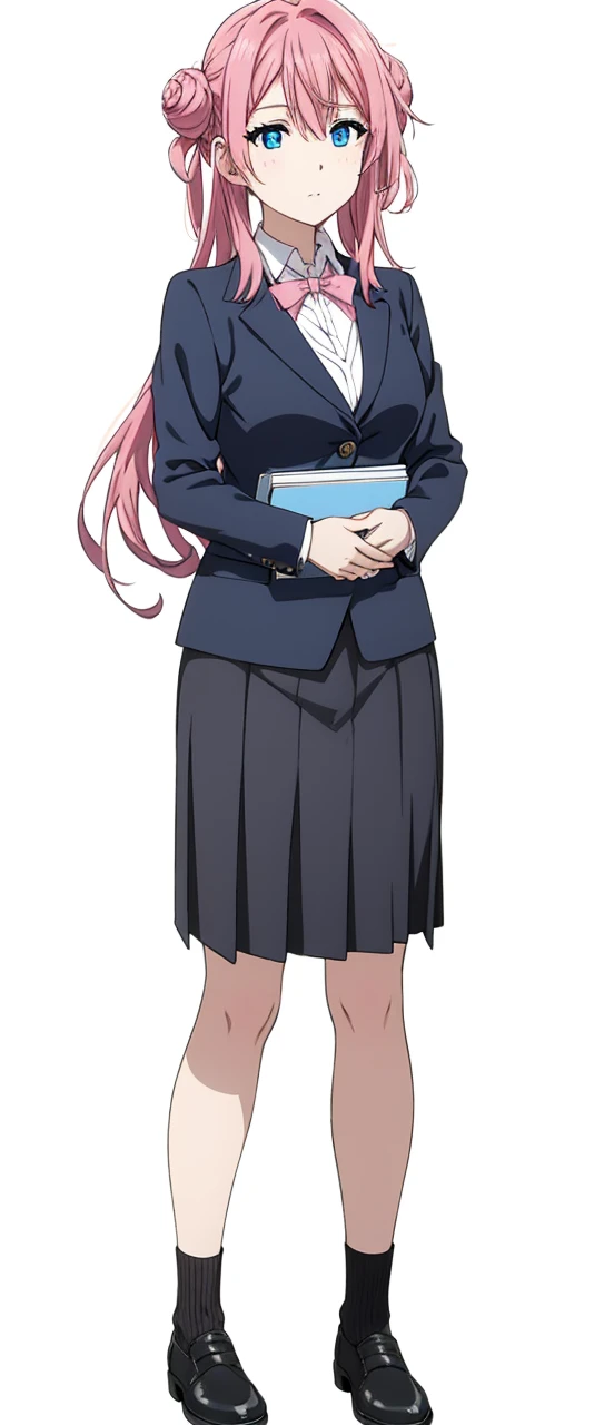 Pink hair, blue eyes, tight black secretary skirt, black blazer, white formal blouse, and a bouquet of roses.