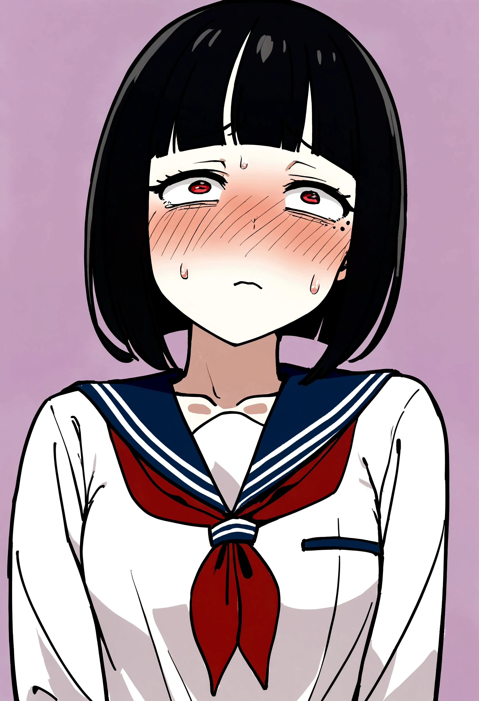 One Girl、Face Up、Looking at the iPhone、high school girl、anime、hoodie、Black Hair、Blunt bangs、Drunk Eyes、Sailor suit、Red eyes、Bobcut、two-tone hair、 High resolution, 1 Girl, Korean, Small mole under eye,Drooping eyes、