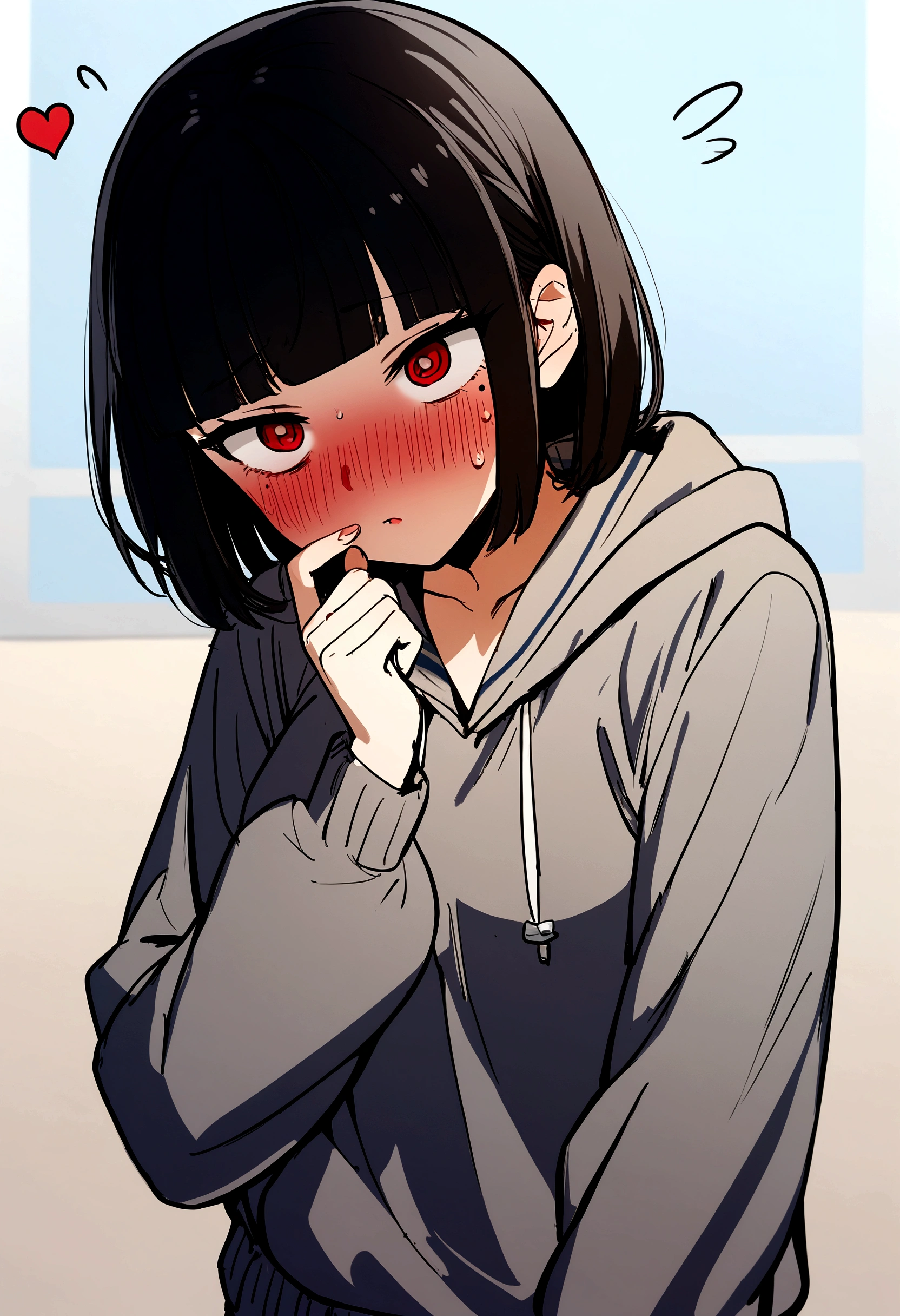 One Girl、Face Up、Looking at the iPhone、high school girl、anime、hoodie、Black Hair、Blunt bangs、Drunk Eyes、Sailor suit、Red eyes、Bobcut、two-tone hair、 High resolution, 1 Girl, Korean, Small mole under eye,Drooping eyes、