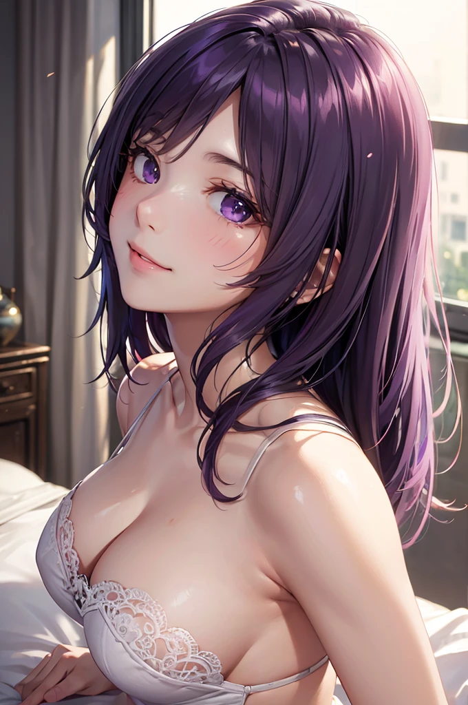 (Best Quality,High resolution,8K,finelity detailed background,Masterpiece:1.2),beautiful girl,Shiny purple hair,messy hair,Purple Eyes,Gentle look,A refreshing look,Best quality,Best Quality,Aesthetic and aesthetic:1.2,Best details((Super detailed))(High-definition CG illustrations),White underwear (gray,intricate lace),Slender body,night,Moonlight,Bedroom,On the bed,smile,blush,cute,Scrounge,Looking up,Being spoiled,super model,wariza