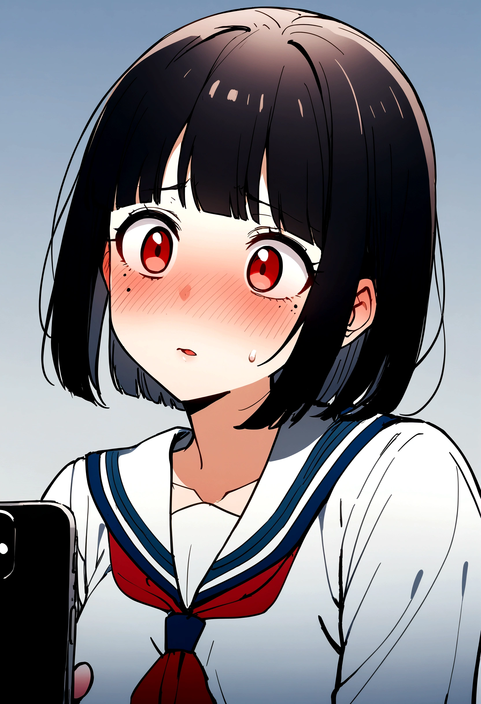 One Girl、Face Up、Looking at the iPhone、high school girl、anime、hoodie、Black Hair、Blunt bangs、Drunk Eyes、Sailor suit、Red eyes、Bobcut、two-tone hair、 High resolution, 1 Girl, Korean, Small mole under eye,Drooping eyes、
