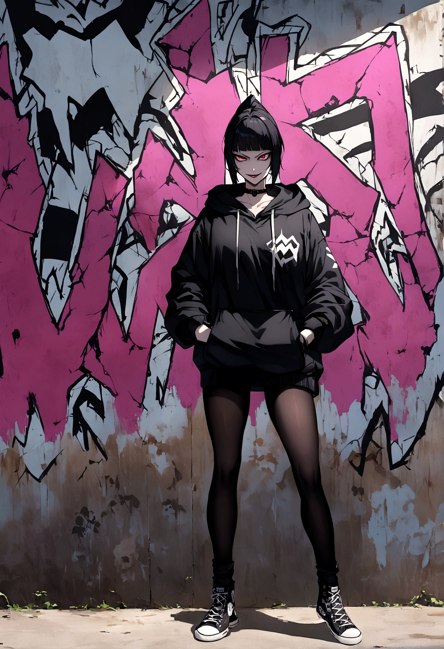 juri han, work of art, black hair, black alan walker hoodie, black tights, black converse shoes, black fingerless gloves,evil smile, graffiti