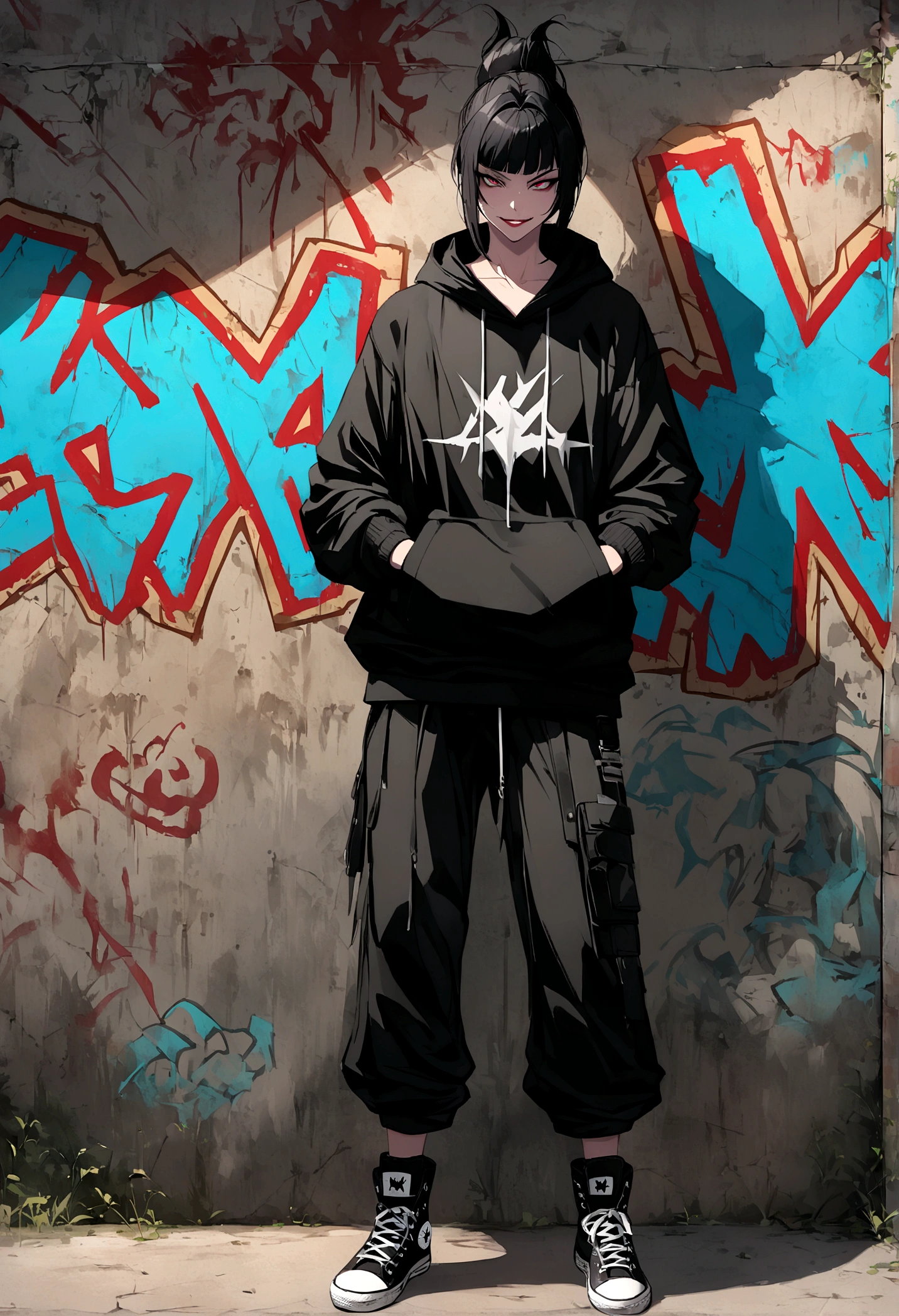 juri han, work of art, black hair, black alan walker hoodie, black tights, black converse shoes, black fingerless gloves,evil smile, graffiti