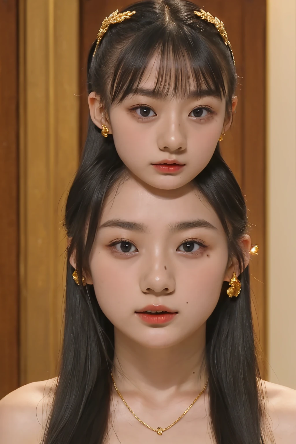 ((((upper body shot)))),(((nude))),(((nipples))),(((sagging breasts))),Ultra-high resolution,big eyes,Japanese,(forehead),(a girl),(1 girl),((12 years old)),((cute)),pretty,earring,((facing at viewer)),necklace,((long hair)),(gold hair accessories)