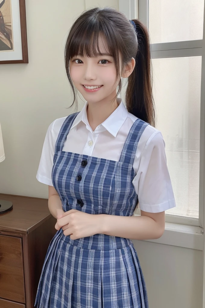 1 Girl, alone, Japanese girl, 14 years old,Bed at home、(Highest quality, Realistic, High resolution, 8K, Very detailed, Detailed face, Shiny skin), Japanese , Collared shirt, White shirt, Red ribbon, Black Hair, ragged bangs, ponytail,Gazing into the distance,Young face、Are thin、Slim figure、slender、Short、 System、((Lots of sweat))、Navy blue checked skirt、Nice thighs、Are standing,Photographed from the front、The best smile、Showing teeth、Uplifting、