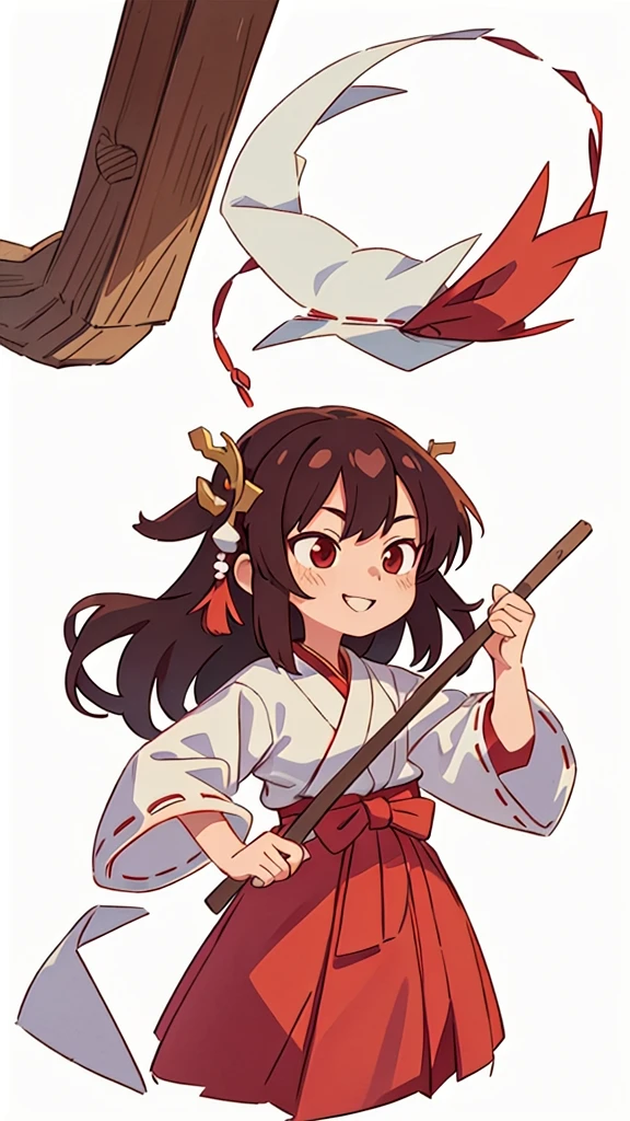 The image shows an illustrated character, likely from an anime or manga. The character has long dark hair and is wearing a traditional shrine maiden (miko) outfit, consisting of a white top (haori) with red accents and a red skirt (hakama). The character is holding what appears to be a bow without the string, and there are white ribbon-like effects surrounding the character, suggesting movement or a magical element. The face of the character has been pixelated to obscure it. The character has no accessories. Please create the new illustration in a soft, pencil-drawn style based on this description. With a smile on your face