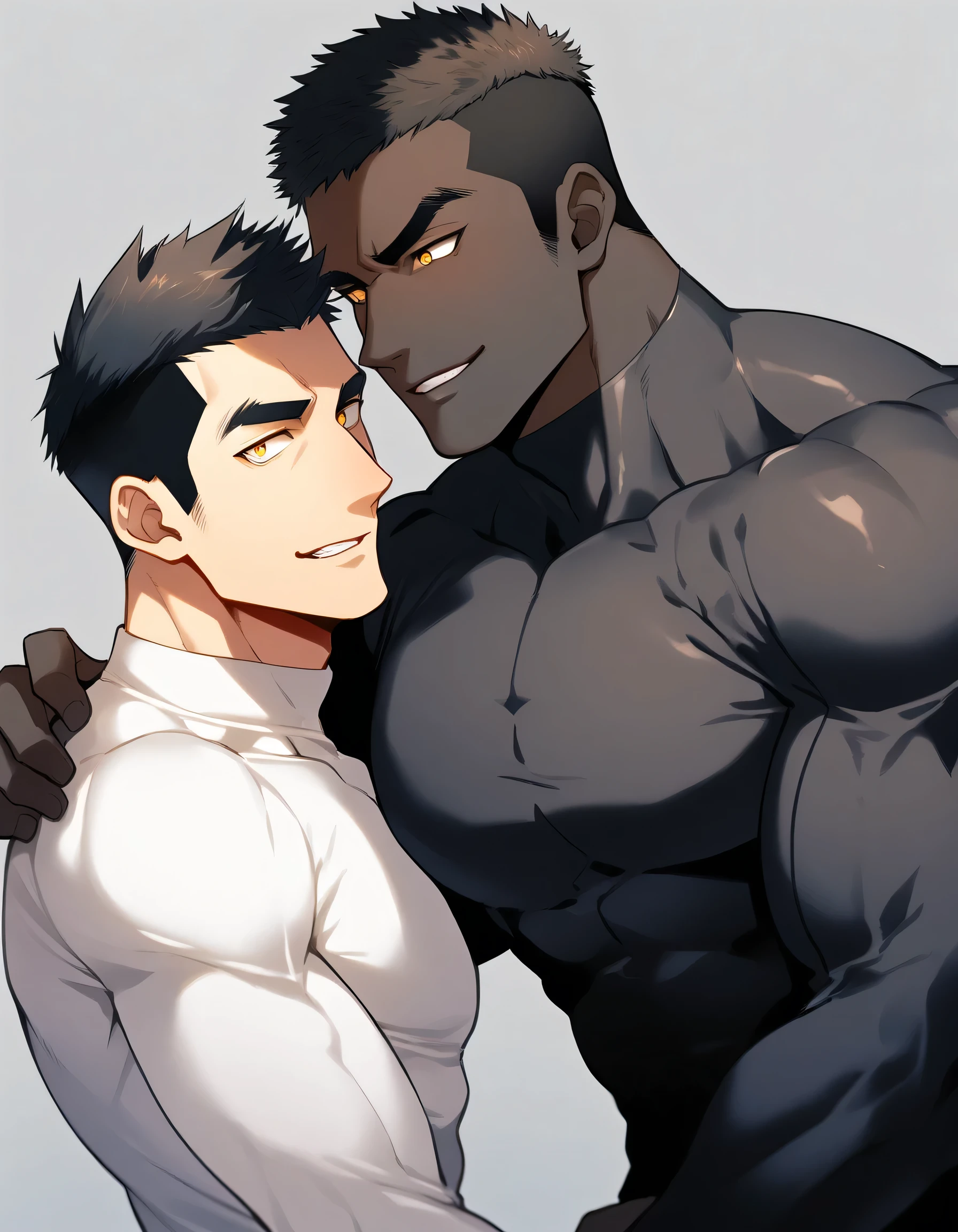 anime characters：Two superheroes in tights, Muscle superhero, negro black skin, They hugged and kissed each other, Bite your neck, Caress, Manliness, male focus, Yellow and black high collar long sleeve tight T-shirt, Slightly transparent material, Very tight, Round, full and perky chest muscles, Muscle waist, Slightly transparent, muscular male, muscular, only, Upper body, alone, Black short hair, Thick eyebrows, stubble, Yellow eyes, Grey background, simple background, amazing quality, best aesthetics, Ridiculous, bright pupils, crew cut, parted lips, seductive smile, torogao, naughty face, drop shadow, best quality