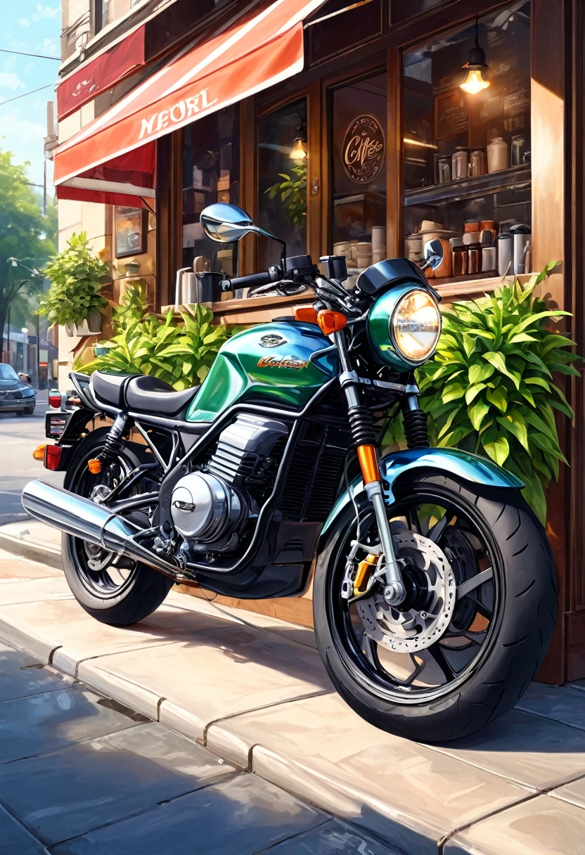 masterpiece, Beautiful detailed fresh and elegant aesthetic style airbrush digital oil painting beautiful artwork to create a fresh morning coffee shop scene photo,an electric motorcycle(Novel style,Unique)close up( perfect anatomy )Motorcycle parked gracefully on the street next to the coffee shop.Coffee shop scene green plant masterpiece, Highly detailed, photo-realistic original photos, The best film quality, extremely delicate texture, high-quality works of art masters