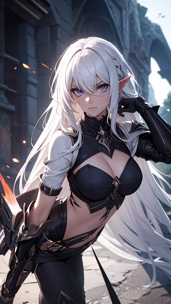 A dark elf, in battle clothes, white  hair, holding an epée