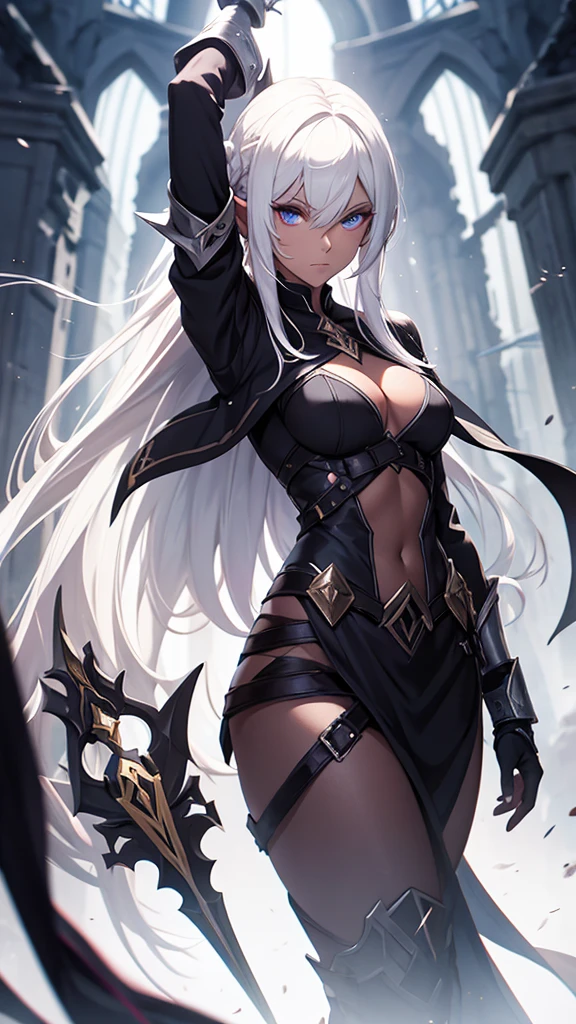 A dark elf, in battle clothes, white hair, holding an epée