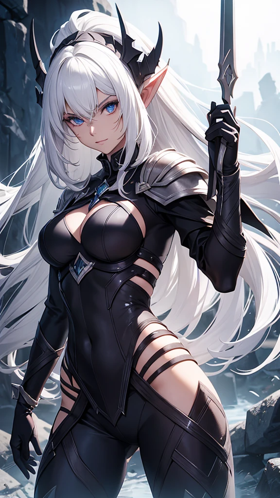 A dark elf, in battle clothes, white  hair, holding an epée