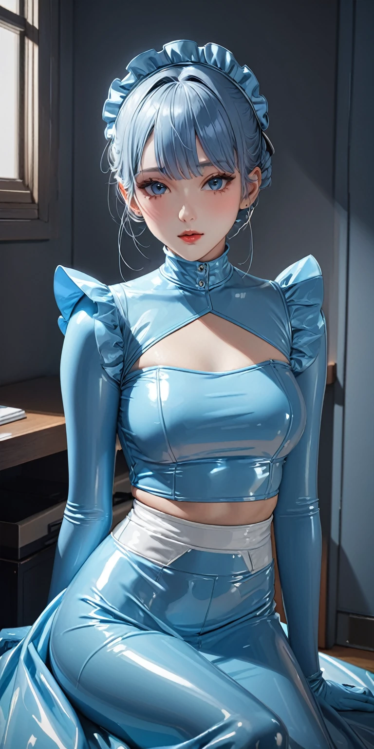 Portraiture、(masterpiece,Highest quality,Ultra-high resolution),Japanese women, (((Very beautiful 25 year old girl))),(Turquoise latex maid outfit)、(Turquoise latex long skirt)、(A long-sleeved turquoise latex shirt that covers the upper body)、Turquoise latex gloves、Turquoise latex socks、Turquoise latex bodysuit、Frills、The clothes fit snugly to the body、Latex is very shiny、Dark Room、