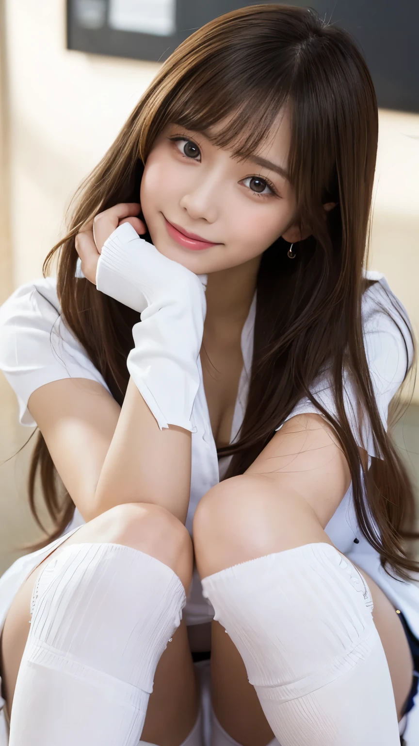 (Detailed skin:1.2),(Shiny skin:1.1),8K,Highest quality, masterpiece, Ultra-high resolution,(Realistic:1.4), RAW Photos,(Soft saturation:1.3),(Fair skin:1.2),Japanese Idols,repair,20 years, Light brown hair, （Long Hairstyles:1.2), Asymmetrical Hair, Asymmetrical bangs (Pretty face:1.4), (Large Breasts, Tight waist), Beautiful lighting, Small Head, (Student Uniform:1.2,),((White knee-high socks:1.2)),Highly detailed face, Highly detailed lips, fine grain, double eyelid,（Full Body Shot:1.2）, Browsing Caution, （Sharp focus: 1.2）, （Perfect Anatomy、Beautiful woman with perfect figure: 1.2）、Exposing cleavage、Model-like pose，Accentuate your leg lines、Smiling