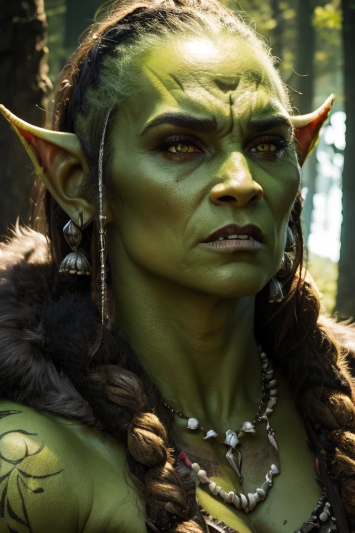 Young orc woman (big fangs), female orc, (green skin) , peaceful expression, dirty clothes and hair, wool and fur clothes, wearing old torn dress, bone jewelry, forest background, natural lighting, tribal tattoos, muscular, big body, highly detailed, 4k, photorealistic, dramatic lighting, cinematic, fantasy art, ultra high quality, sharp Focus, orczor