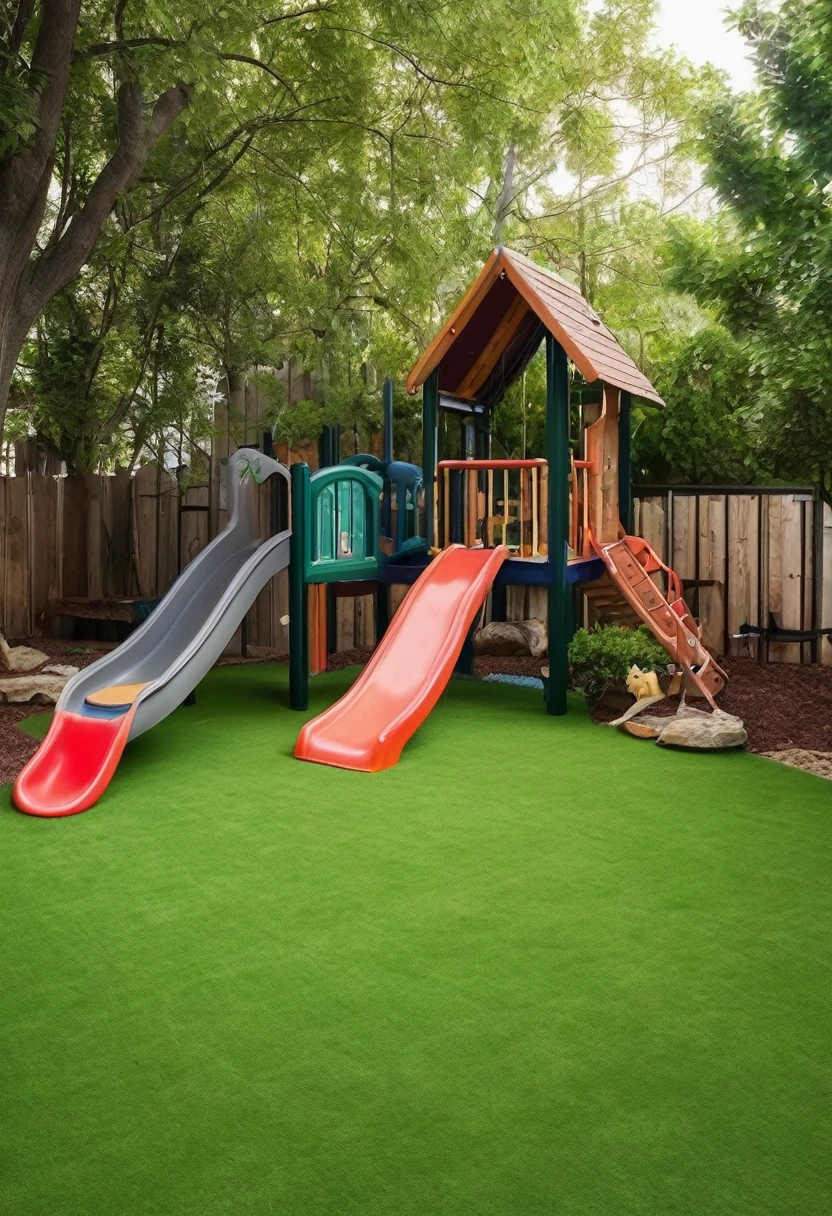 Create a view of small rectangular lot playground. Small grass flooring and long playground