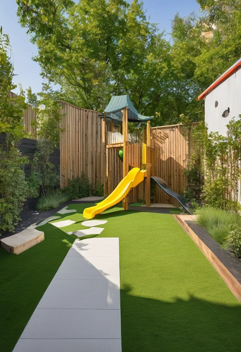 Create a view of small rectangular lot playground. Small grass flooring and long playground