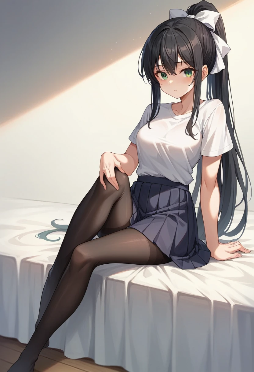 masterpiece, highest quality, High resolution, 1girl Sayaka Kirasaka,Black Hair,Long Hair,Green Eyes, High Ponytail Hair Ribbon, Long-sleeved Y-shirt,Pleated skirt,Black Pantyhose,Sexy pose,Sitting on the bed,(masterpiece:1.2), highest quality, High resolution, unity 8k wallpaper, (shape:0.8), (Beautiful and detailed:1.6), Highly detailed face, Perfect lighting, Highly detailed CG, (Perfect hands, Perfect Anatomy), Hentai naked