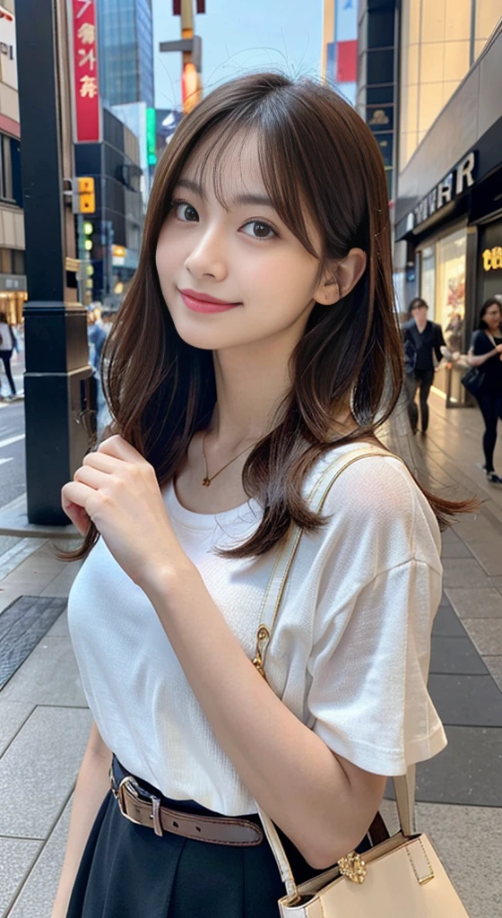 Tabletop、masterpiece、Highest quality、Genuine、Very detailed、finely、Intricate details、High resolution、8k wallpaper、One beautiful woman、light brown disheveled hair、Sharp focus、Perfect dynamic composition、Beautiful and detailed、Thinning hair、詳細なGenuineな肌の質感、smile、Close-up portrait、Model Body Type、smile、looking at the camera、29-year-old Japanese woman、Black short sleeve T-shirt、She has a white skirt and a shiny black enamel belt.、necklace,tote bag,Straight Long Hair, Natural color lip, Random sexy poses,In front of a cafe near Tokyo Station,The whole body is shown,Anatomically correct body、Anatomically correct finger structure