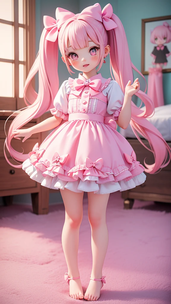 ((girly, 2girls)), (petite kawaii, bishojo), (kawaii face), (cute eyes), (masterpiece), ((top qualite)), (hyper detailed), ((high resolution)), (exquisite), (depth), ((beautiful and aesthetic)), (full body), (pink cheek), ((bare foot)), (big bow in hair), ((pink lips)), (short twintails), (earring), ((to take a kawaii pose)), (my room)